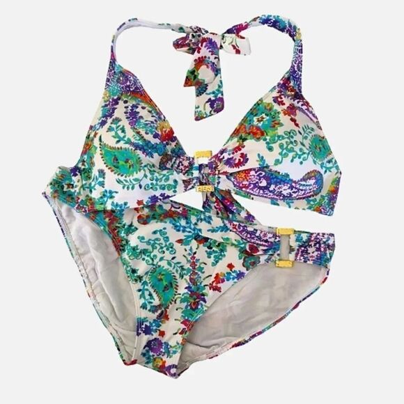 Ralph Lauren Colorful Cabana Paisley Ring Front Halter Bikini Set Size 12 - Picture 14 of 16